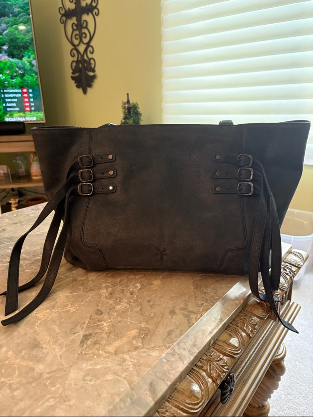 Frye Black Leather Tote Bag with buckle  Detail